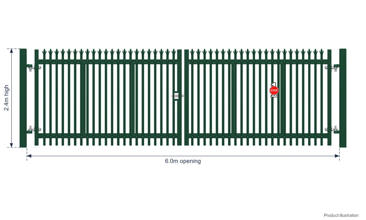2.4m x 6.0m Steel Palisade Double Gate - Galvanised & PPC Green RAL 6005