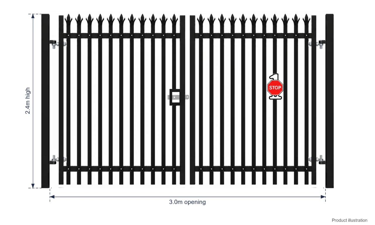 2.4m x 3.0m Steel Palisade Double Gate - Galvanised & PPC Black RAL 9005