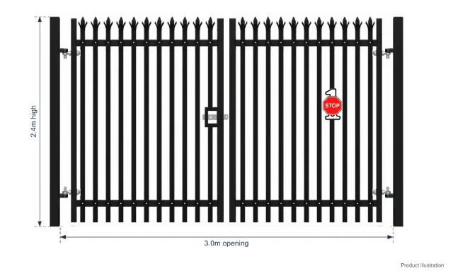 2.4m x 3.0m Steel Palisade Double Gate - Galvanised & PPC Black RAL 9005