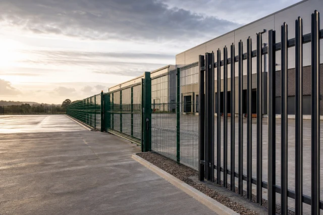 Palisade and mesh fencing protecting an industrial site