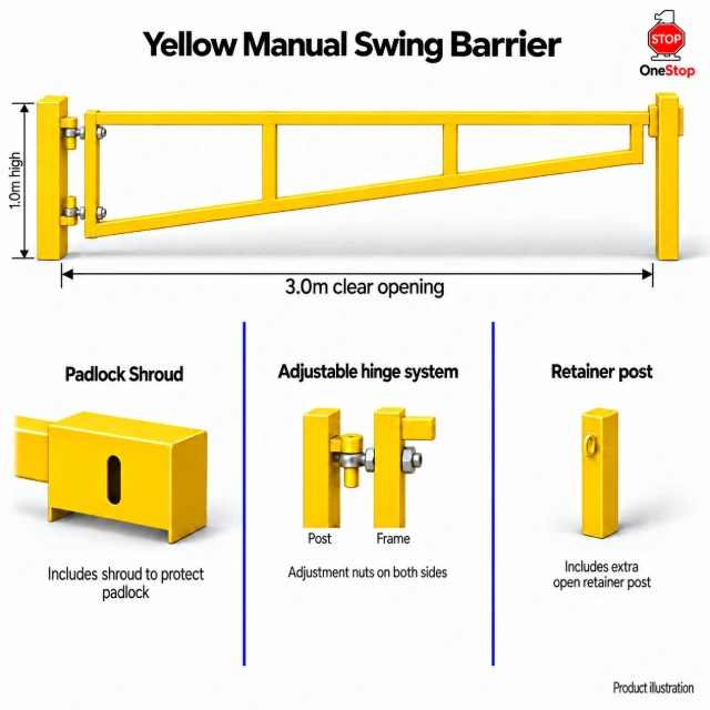 Yellow Manual Swing Barrier 3.0m x 1.0m High - Galvanised & PPC