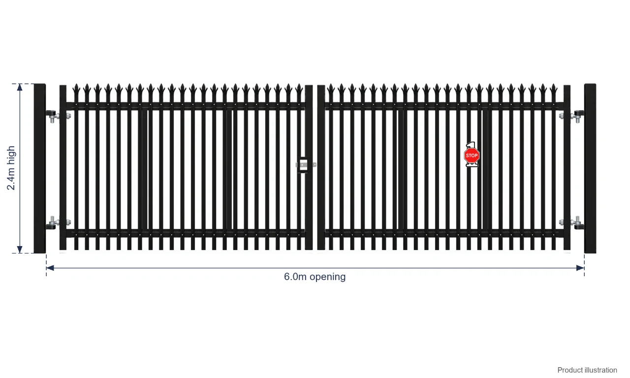 2.4m x 6.0m Steel Palisade Double Gate - Galvanised & PPC Black RAL 9005