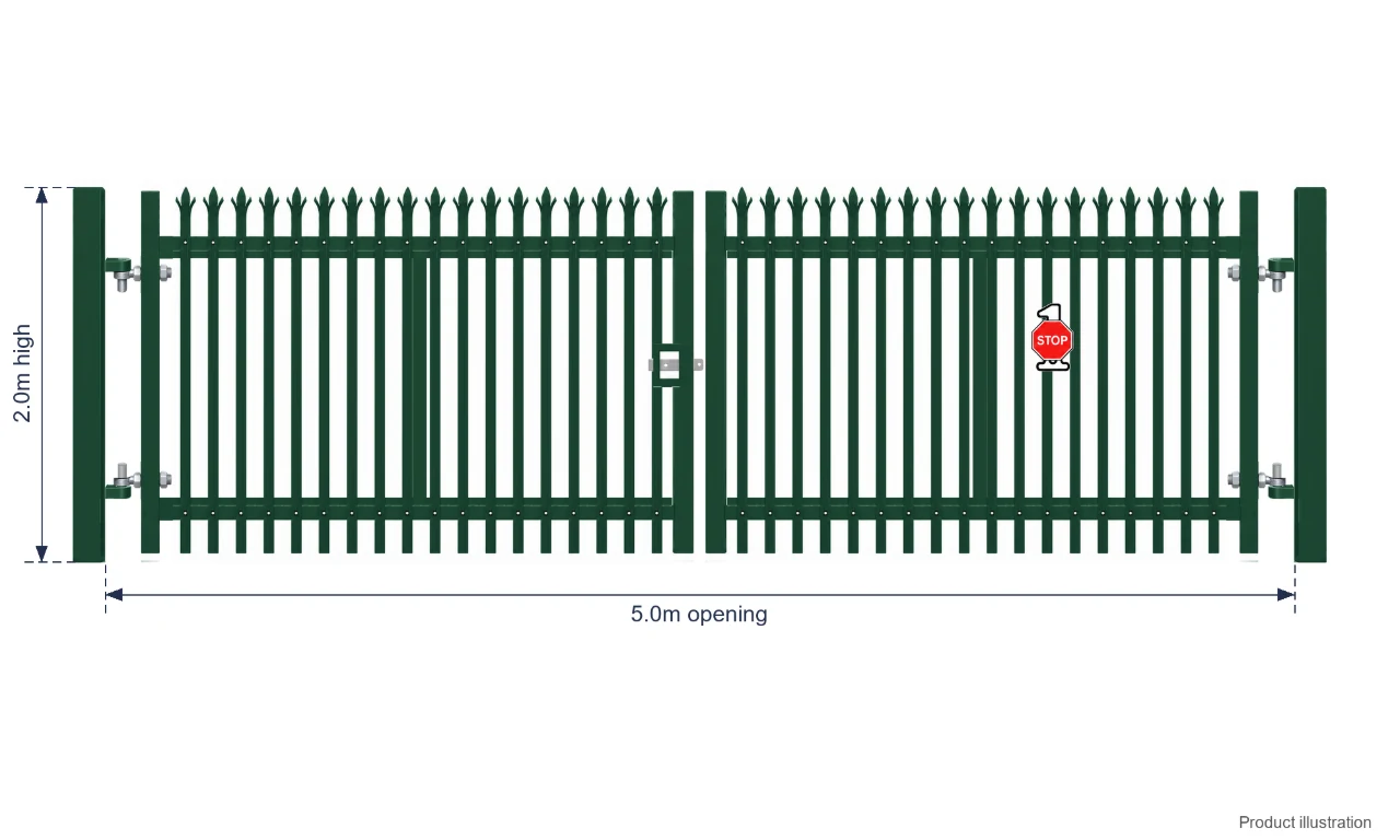2.0m x 5.0m Steel Palisade Double Gate - Galvanised & PPC Green RAL 6005