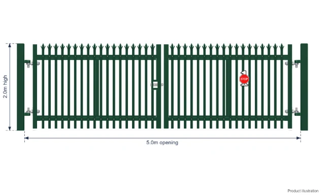 2.0m x 5.0m Steel Palisade Double Gate - Galvanised & PPC Green RAL 6005