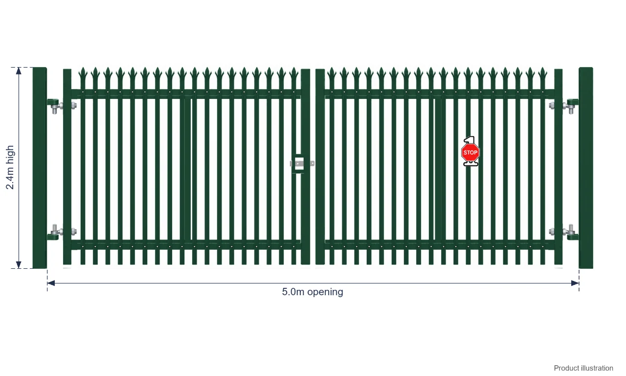 2.4m x 5.0m Steel Palisade Double Gate - Galvanised & PPC Green RAL 6005