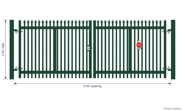 2.4m x 5.0m Steel Palisade Double Gate - Galvanised & PPC Green RAL 6005