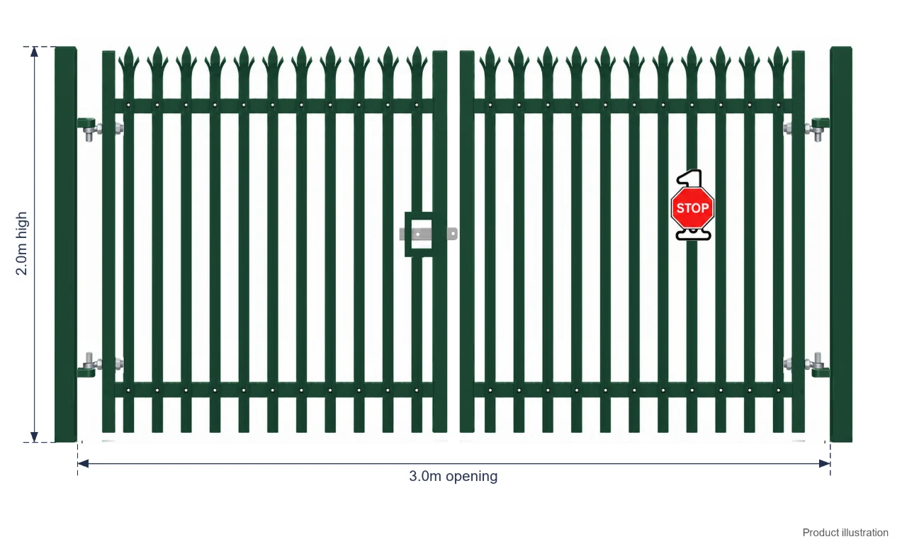 2.0m x 3.0m Steel Palisade Double Gate - Galvanised & PPC Green RAL 6005