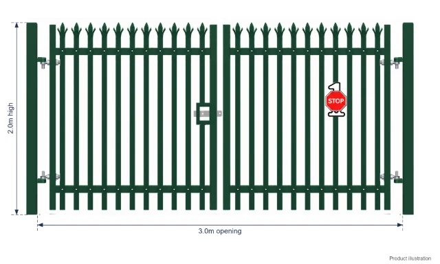 2.0m x 3.0m Steel Palisade Double Gate - Galvanised & PPC Green RAL 6005