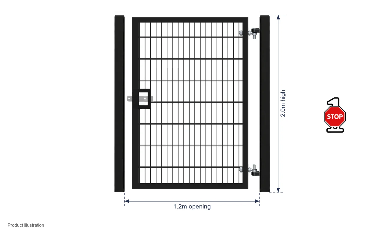 2.0m x 1.2m Steel Mesh Single Gate - Galvanised & PPC Black RAL 9005