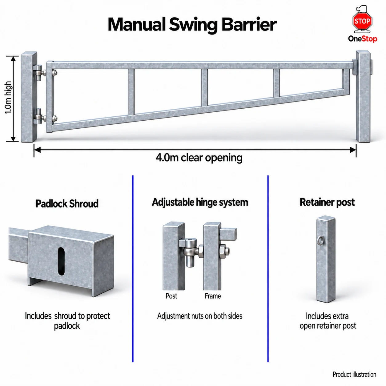 Manual Swing Barrier 4.0m x 1.0m High - Galvanised