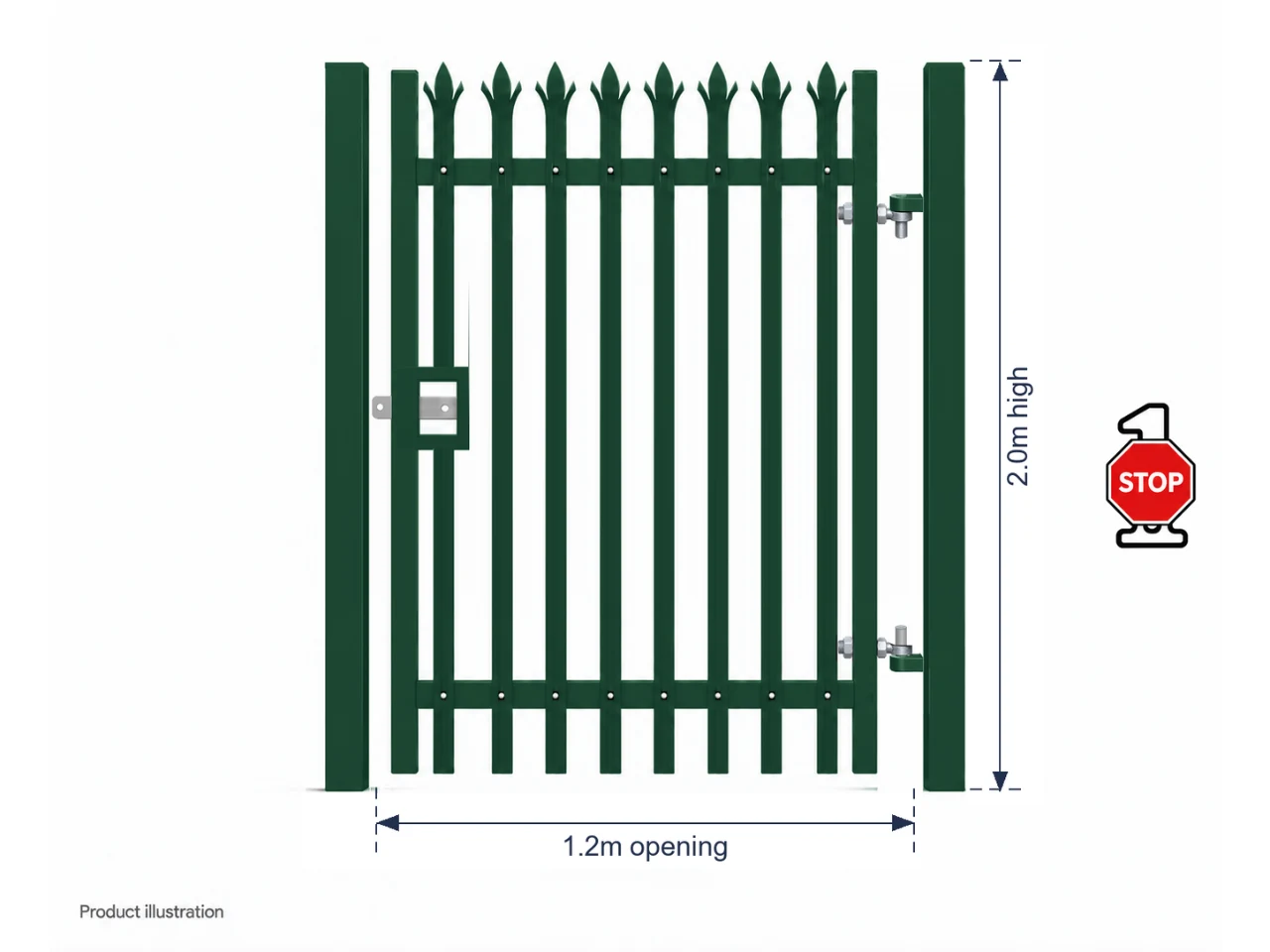 2.0m x 1.2m Steel Palisade Single Gate - Galvanised & PPC Green RAL 6005