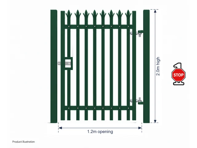 2.0m x 1.2m Steel Palisade Single Gate - Galvanised & PPC Green RAL 6005
