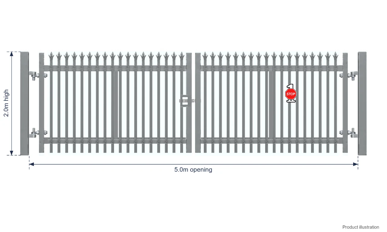 2.0m x 5.0m Steel Palisade Double Gate - Galvanised