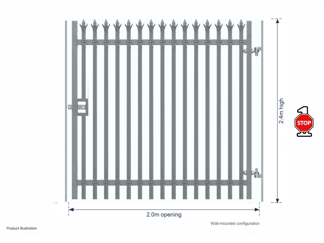 2.4m x 2.0m Steel Palisade Single Gate - Galvanised