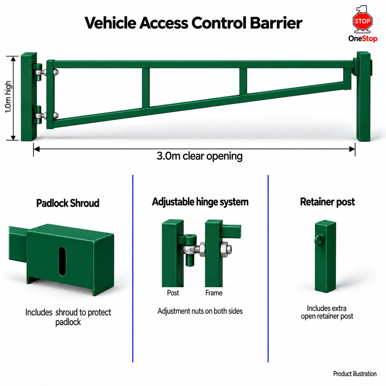 Vehicle Access Control Barrier 3.0m x 1.0m High - Galvanised & PPC