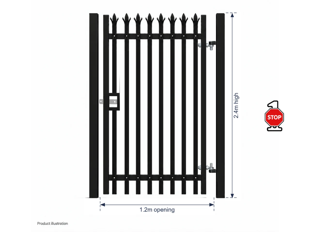 2.4m x 1.2m Steel Palisade Single Gate - Galvanised & PPC Black RAL 9005