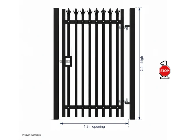 2.4m x 1.2m Steel Palisade Single Gate - Galvanised & PPC Black RAL 9005
