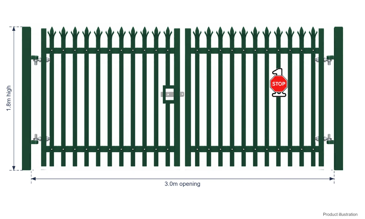1.8m x 3.0m Steel Palisade Double Gate - Galvanised & PPC Green RAL 6005