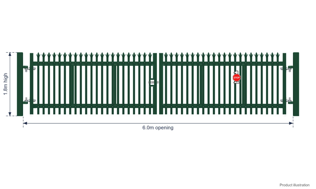 1.8m x 6.0m Steel Palisade Double Gate - Galvanised & PPC Green RAL 6005
