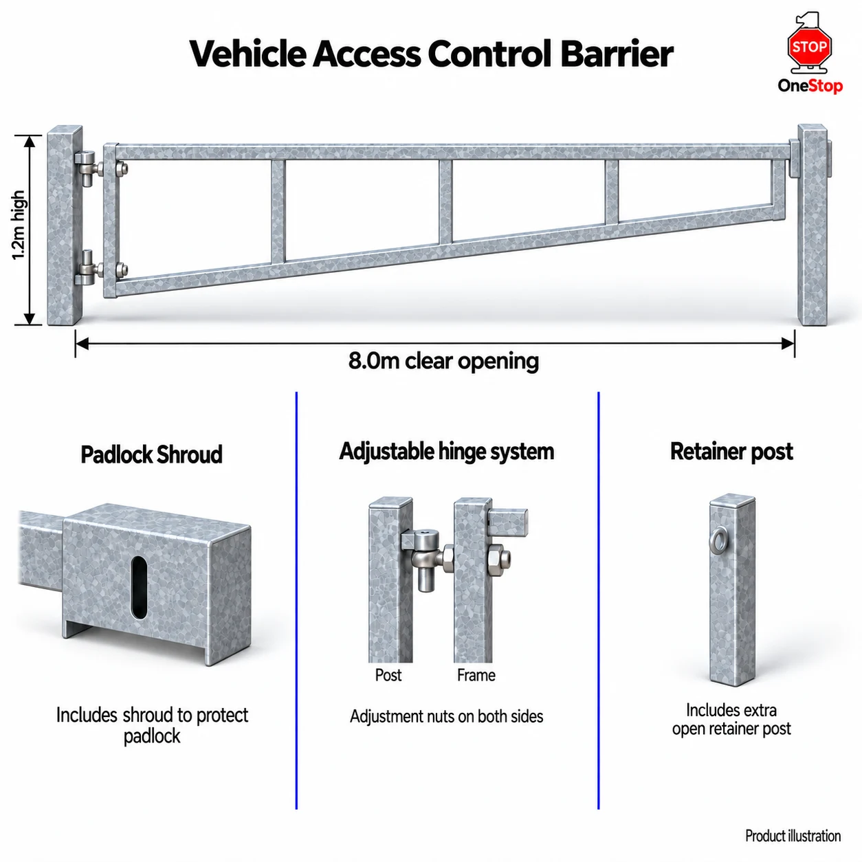 Vehicle Access Control Barrier 8.0m x 1.2m High - Galvanised
