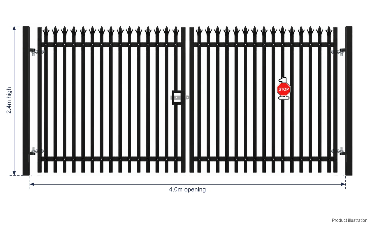 2.4m x 4.0m Steel Palisade Double Gate - Galvanised & PPC Black RAL 9005