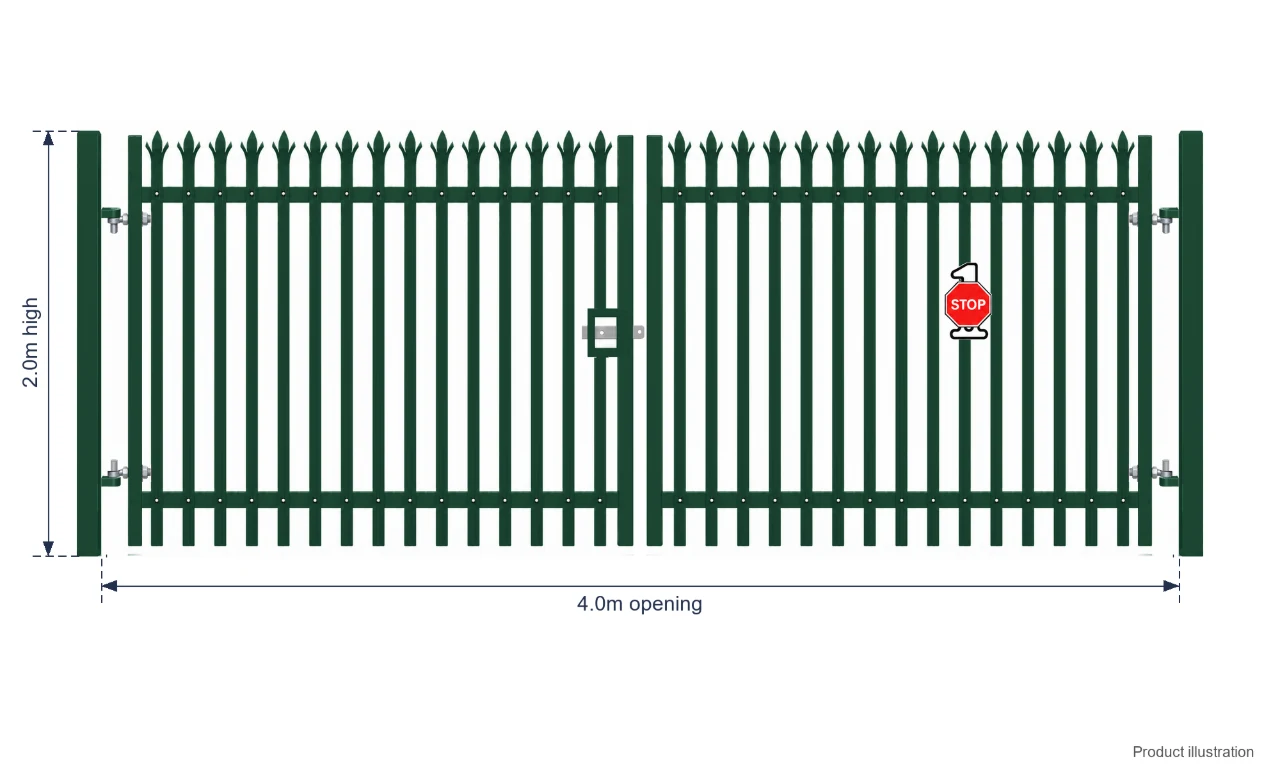 2.0m x 4.0m Steel Palisade Double Gate - Galvanised & PPC Green RAL 6005
