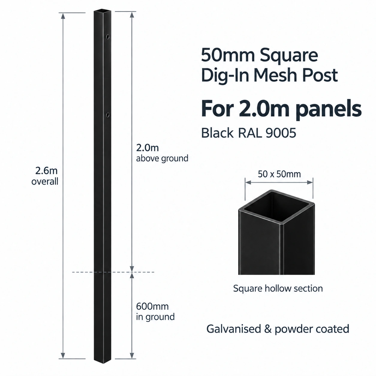 50mm Square Dig-In Mesh Post for 2.0m Panels - Black RAL 9005
