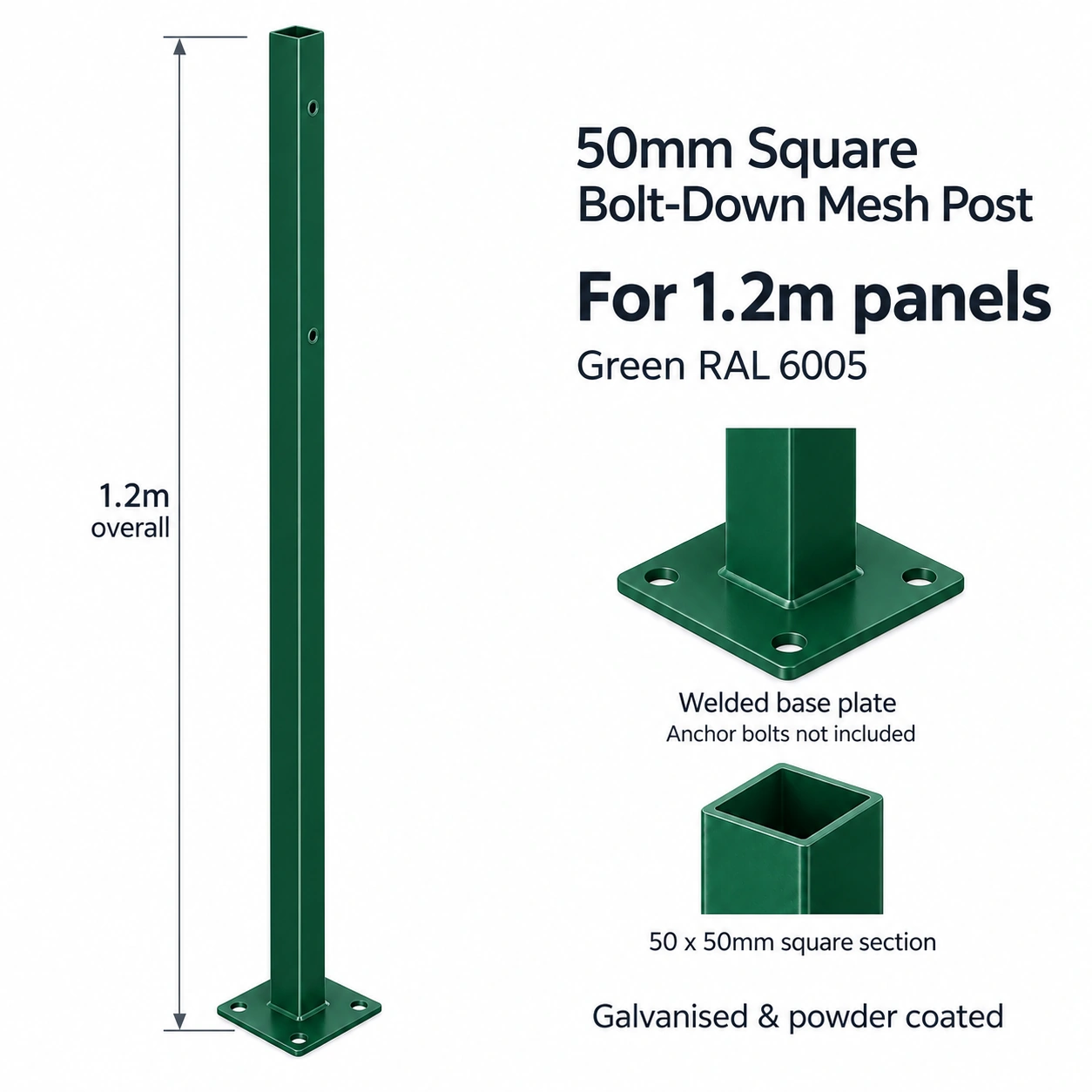 50mm Square Bolt-Down Mesh Post for 1.2m Panels - Green RAL 6005