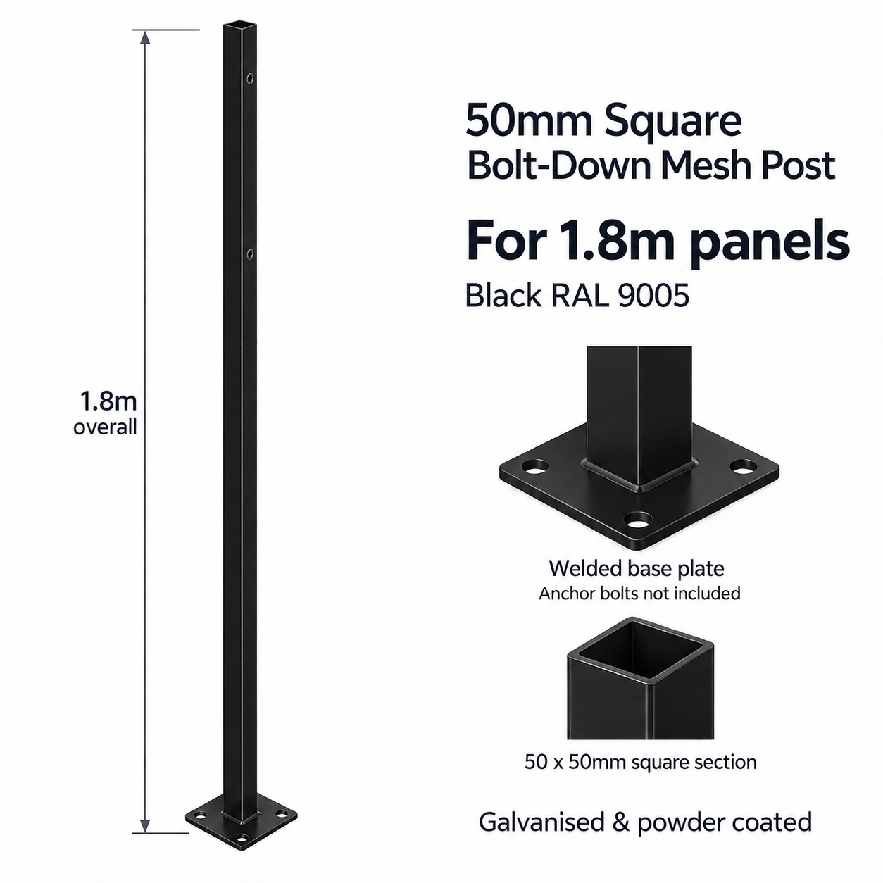 50mm Square Bolt-Down Mesh Post for 1.8m Panels - Black RAL 9005